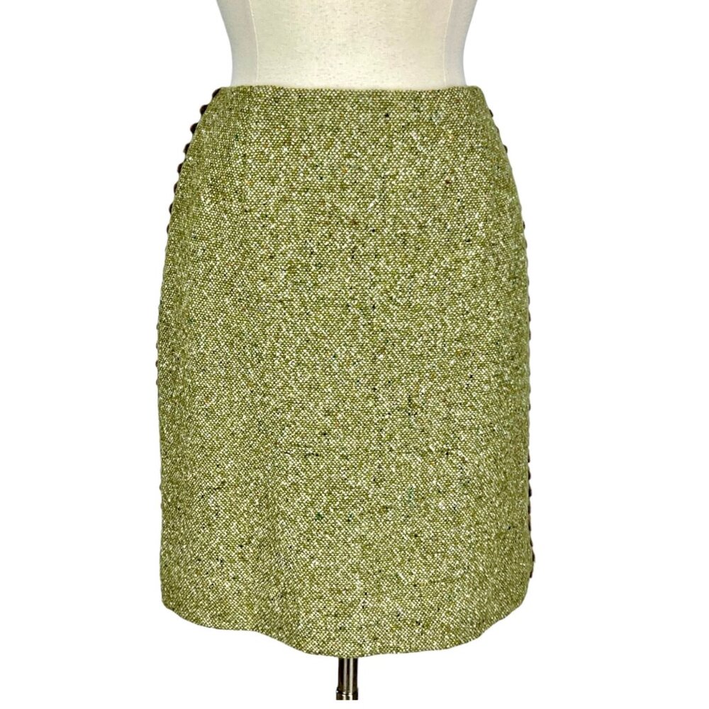 Worth Womens Green Tweed Pencil Skirt Side Trim Wool Silk Blend size 6